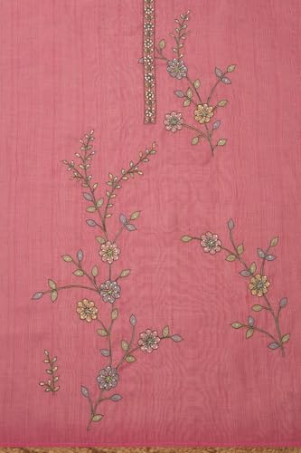 Soch Womens Pink Linen Shimmer Floral Print Unstitch Dress Material With Thread Work