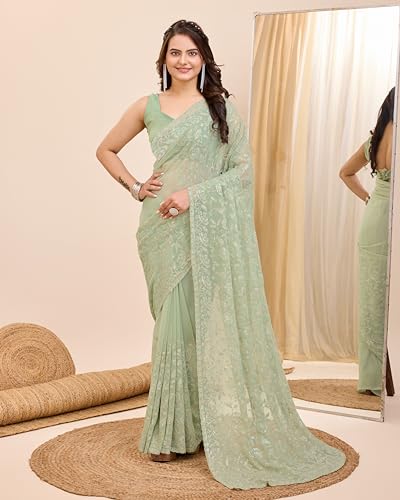VAIRAGEE Women Green Soft Georgette Embroidery Saree (6203_2)
