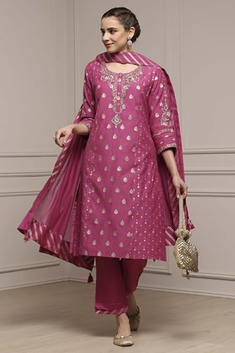 Biba Women's Cotton Jacquard Kurta Set (SKDVRNSI30719AW25PINK_Pink