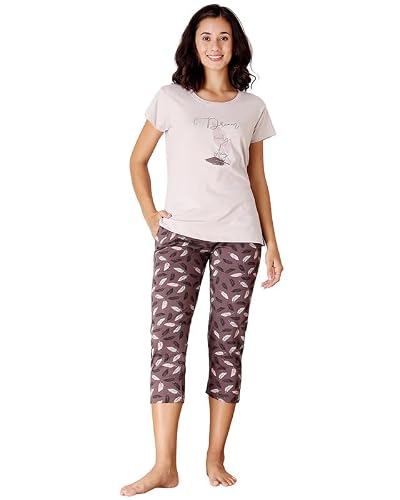 BODYCARE Women's Cotton Printed T-Shirt and Capri Set | Soft & Breathable Nightwear | Short Sleeves | Loungewear Co-Ord Set| BSCS16036_100 Multicolour