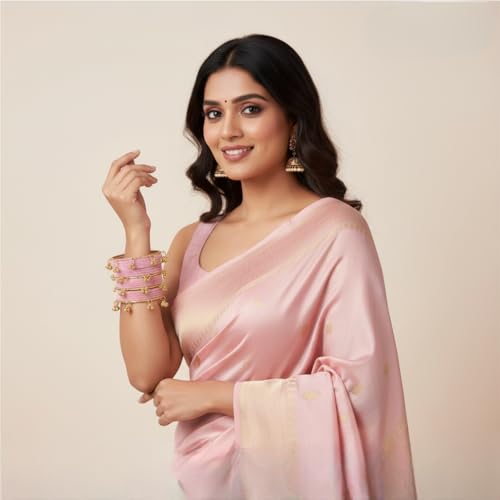 KAYASHA Woman's BABY PINK Designer Silk Thread Bangles Set with Ghungroo|Traditional Ethnic Bangles Set for Women|Wedding, Festival & Party bangles|Set of 16 (12 Thread Bangles + 4 Ghungroo Bangles)