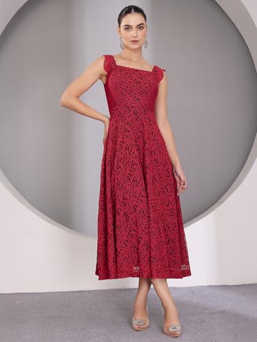 Miss Chase Womens Square Neck Sleeveless Self-Designed Ruffled Midi Lace Dress (MCSS25D16-76-143-04, Maroon, M)