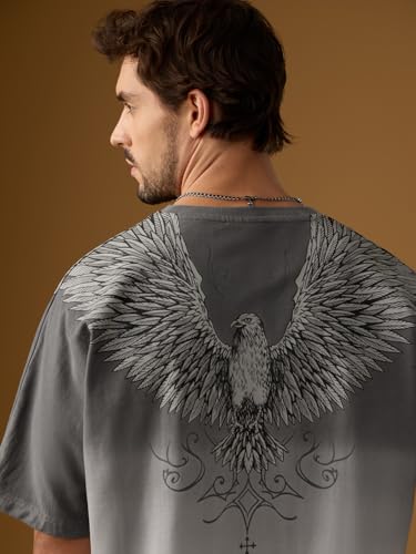 The Souled Store Nomad: Wings Men and Boys Short Sleeves Round Neck Charcoal Grey Graphic Printed Gothic Casual Drop Shoulder Streetwear Trendy Cotton Oversized T-Shirt