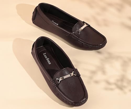 LOUIS STITCH Women’s Brown Premium Slip-On Loafers with Buckle | Elegant Solid Slip-On Comfort Shoes for Casual and Formal Wear | Slip-On Loafer Shoes for Women | LSLD-BLR-HS04-BB | UK-7