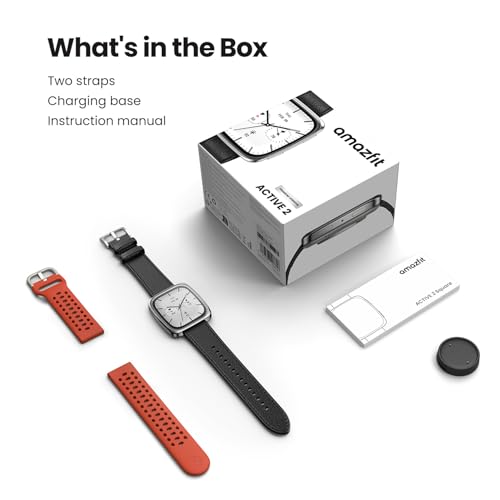 Amazfit Active 2 Square, 2000 Nits Bright AMOLED Display, Built in GPS, 10Day Battery, for Android & iPhone, Accurate Readings, BT Call, Sleep Monitor, 5ATM Water Resistant, Black Leather