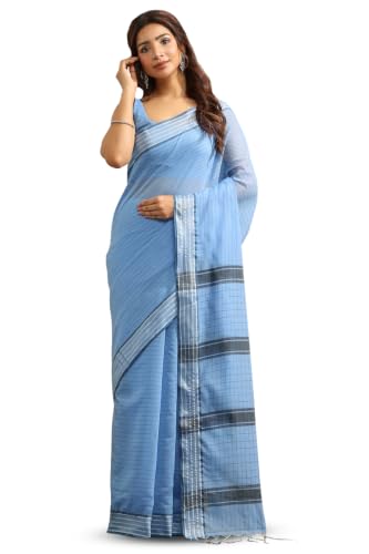 Soch Womens Light Blue Cotton Striped Saree
