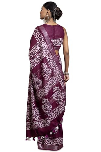 Soch Womens Wine Linen Batik Print Sarees With Tassels