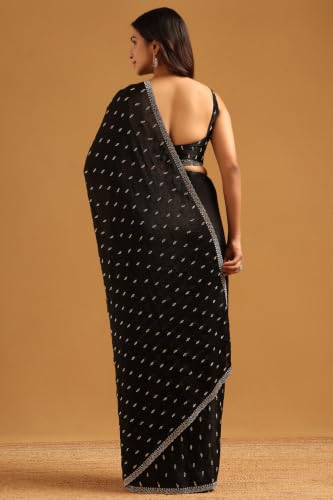 Soch Womens Black Fendy Organza Stonework Embellished Saree