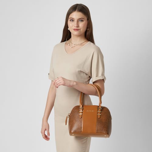 Caprese Macie Medium Satchel for Women | Textured Faux Leather Handbag with Adjustable & Detachable Strap | Stylish Shoulder Bag with Zipper Closure | Perfect Office, Travel & Everyday (Tan)