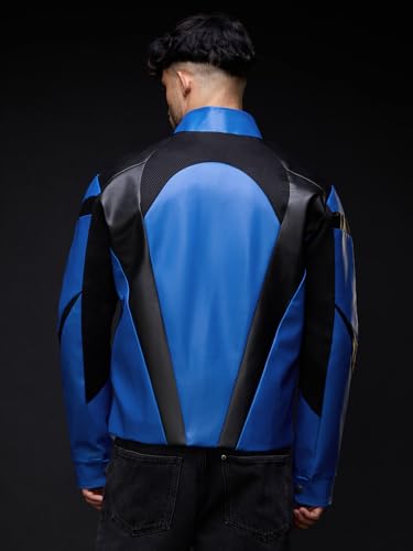 The Souled Store Biker Jacket: Blue Ranger Men and Boys Full Sleeves Mock Collar Blue and Black Colour-Block Polyester Regular Fit Breathable Zippered Closure Winter Biker Jacket