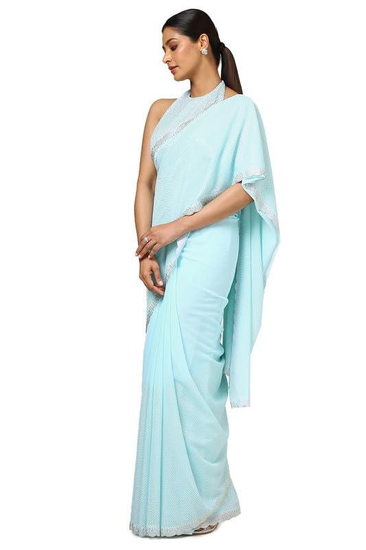 Soch Womens Turquoise Blue Georgette Embellished Saree With Sequins