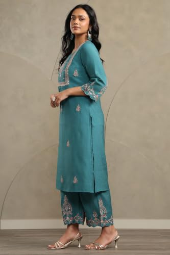 Soch Womens Turquoise Blue Chanderi Ethnic Motifs Zari Embroidered Kurta Set With Sequins