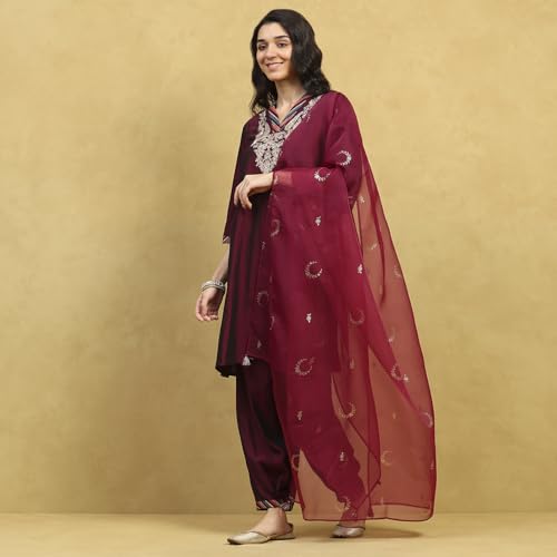 Rangriti Women Wine Polyester Blend Embroidered A-Line Kurta Set_32