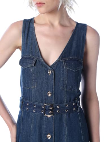 ONLY Women's Solid Fit and Flare Blue Dress with Belt