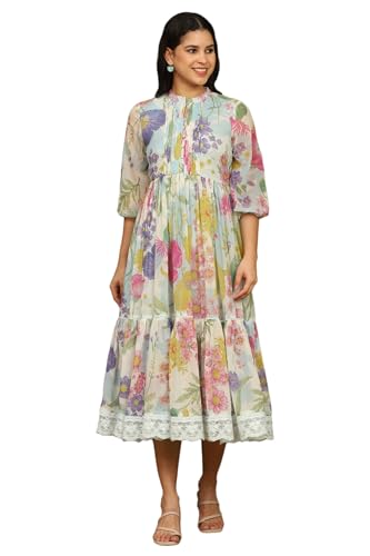 W for Woman White Floral Printed Tiered Chiffon Dress with Lace Detail (Size: M)-W12410-125443
