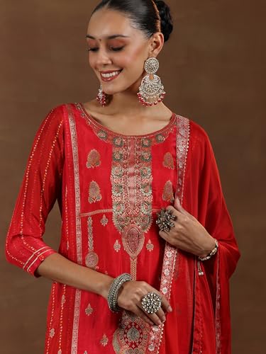 Libas Womens Woven Design Silk Blend Straight Kurta with Trousers and Dupatta