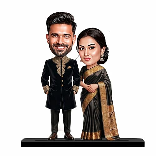 Giftvibes Personalized Couple Caricature Gift, Black Traditional Outfit Wedding Engagement Customized Wooden Caricature Standee Photo Frame for Husband Wife, Friends Unique Wedding Gift for Couples