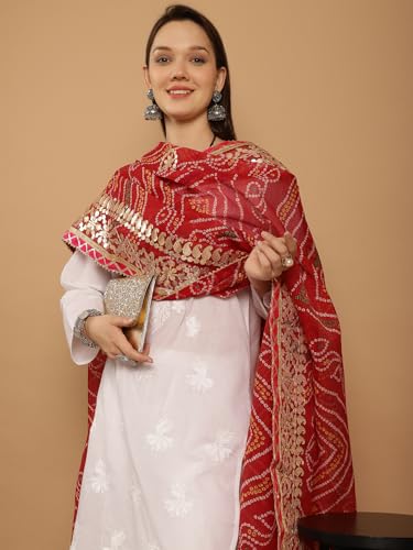 JABAMA Women's 2.3 Meter Cotton Kota Doriya Bandhej Dupatta for Women with Gota Patti Work – Lightweight Ethnic Dupatta for Kurti, Suit & Lehenga | Traditional Rajasthani Bandhani Design