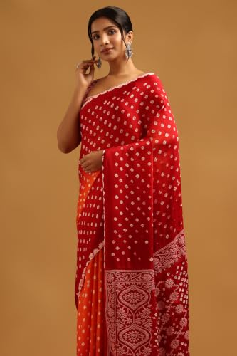 Soch Womens Orange Modal Silk Bandhani Print Saree