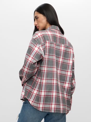 The Souled Store Plaid: Olive, Red, White Women and Girls Long Sleeves Collared Neck Button Front Cotton Oversized Shackets