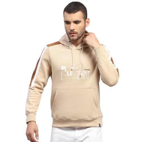 Monte Carlo Men's Regular Fit Solid Pattern Hooded Drawstring Closure Full Sleeve Winter Sweatshirt | Stylish Sweatshirt for Men | Comfortable Casual Winter Wear for Men's Beige XL