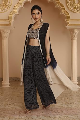 BIBA Women Black Viscose Georgette Bandhani Printed Fusion Set_36