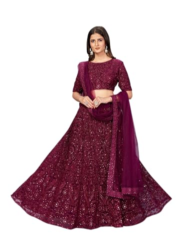 Zeel Clothing Thread Sequins Embroidery Soft Net Lehenga Choli with Dupatta (6017-Maroon-Wedding-Stylish-Latest; Free Size)