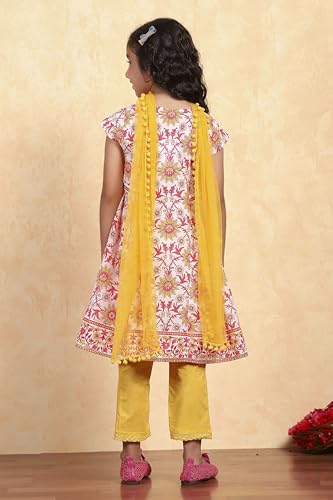 BIBA Girl's White Cotton Flared Printed Suit Set