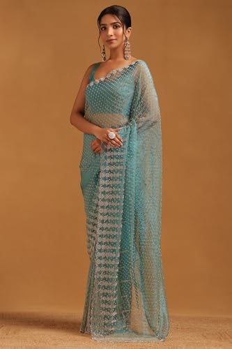 Soch Womens Turquoise Blue Organza Embellished Saree With Stone Work