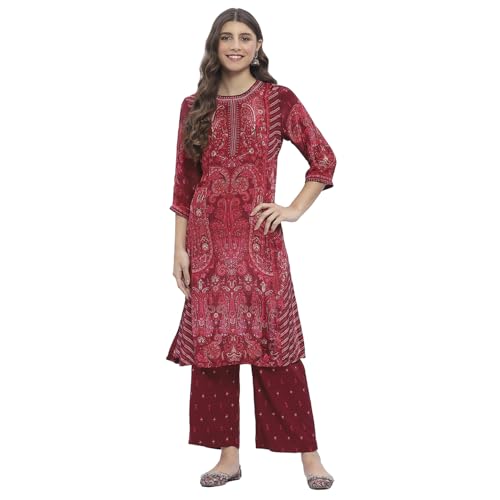 Biba Women Burgundy Crepe Straight Kurta Set_42