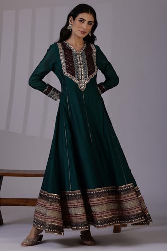 W for Woman Green Flared Chanderi Long Ethnic Dress with Thread Embroidery_24AUW11510-222093_3XL