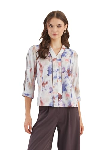 Latin Quarters Women White 3/4Th Sleeves V-Neck Tie-Dye Top for Casual_L