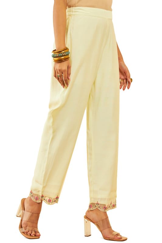 Soch Womens Light Yellow Organza Woven Design Suit Set With Beads Work