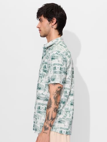 The Souled Store Green Escape Men and Boys Short Sleeves Collared Neck Button Front All Over Printed Cotton Holiday Shirts