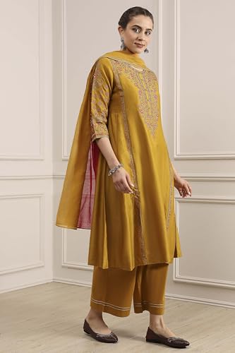 Biba Women Mustard Cotton Blend Kalidar Dyed Suit Set_34