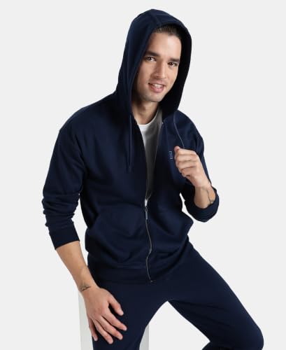 Jockey AM61 Men's Super Combed Cotton Rich Pique Fabric Ribbed Cuff Hoodie Jacket_Navy_L
