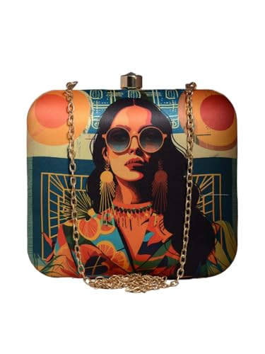 Artklim Multicolor modern Women Printed Funky Sling Bag for Girls - Box Clutch with Detachable Golden Strap - Ethnic Statement Bag