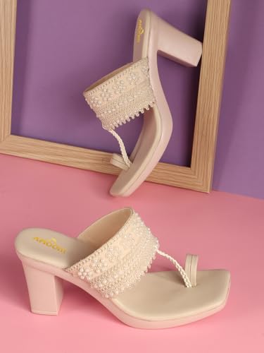 AROOM, Women's One Toe Block Heels Sandals Comfortable & Stylish Sandals for Women & Girls (Cream, UK Footwear Size System, Adult, Women, Numeric, Narrow, 8)