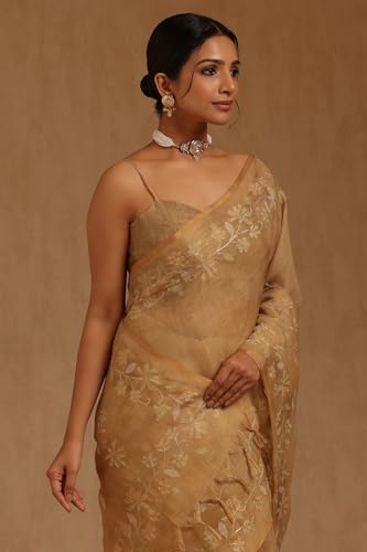 Soch Womens Gold Linen Floral Printed Saree With Zari