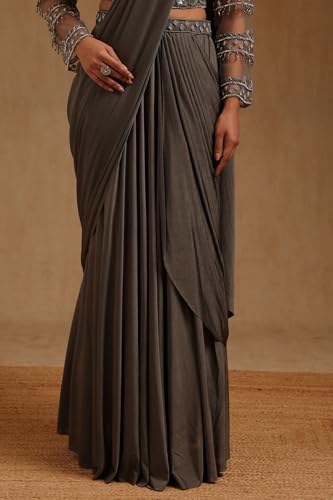 Soch Womens Olive Spandex Solid Ready to Wear Saree With Beads And Stones