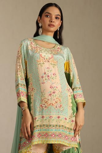 Soch Womens Powder Blue Crepe Floral Print Suit Set With Mirror Work