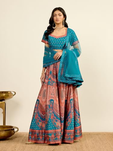 Aarke Ritu Kumar Teal Square Neck Blouse With Lehenga And Dupatta