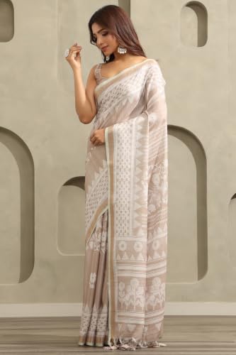 Soch Womens Beige Tussar Botanical Printed Saree