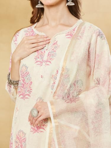 Divena Pink Floral Cotton Round Neck Kurta Sets with Dupatta
