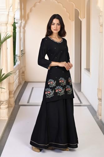W for Woman Floral Thread Embroidered Straight Woven Kurta with Flared Pant and Printed Dupatta Set - Black (WS13275-224385-XXL)