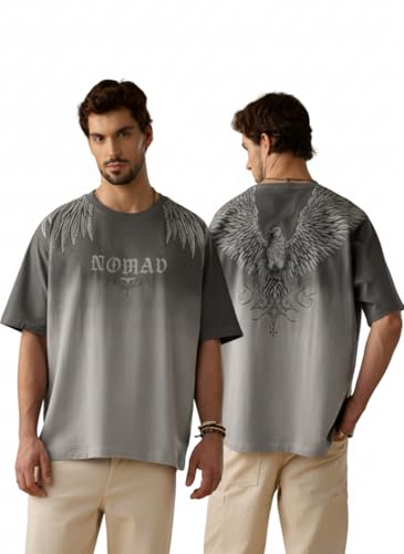The Souled Store Nomad: Wings Men and Boys Short Sleeves Round Neck Charcoal Grey Graphic Printed Gothic Casual Drop Shoulder Streetwear Trendy Cotton Oversized T-Shirt