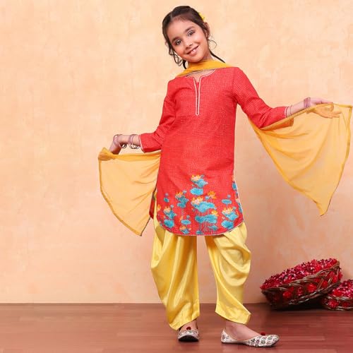 BIBA Girl's Cotton Printed Relaxed Kid Salwar Suit Set (Kw3535_Redyellow_7) 6 Years-7 Years