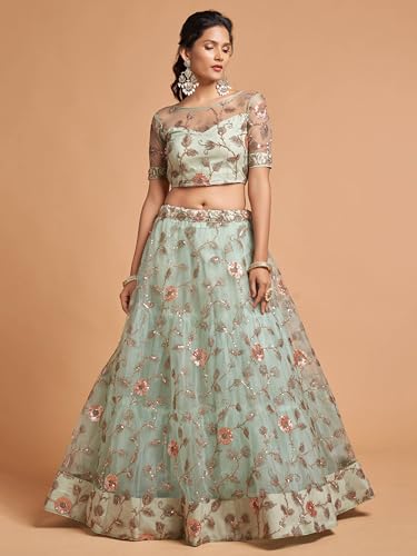 Zeel Clothing Women's Soft Net Embroidered Semi-Stitched Wedding Lehenga Choli with Dupatta (7314-SkyBlue-Wedding-Bridal-Lehenga-Choli; Free Size)