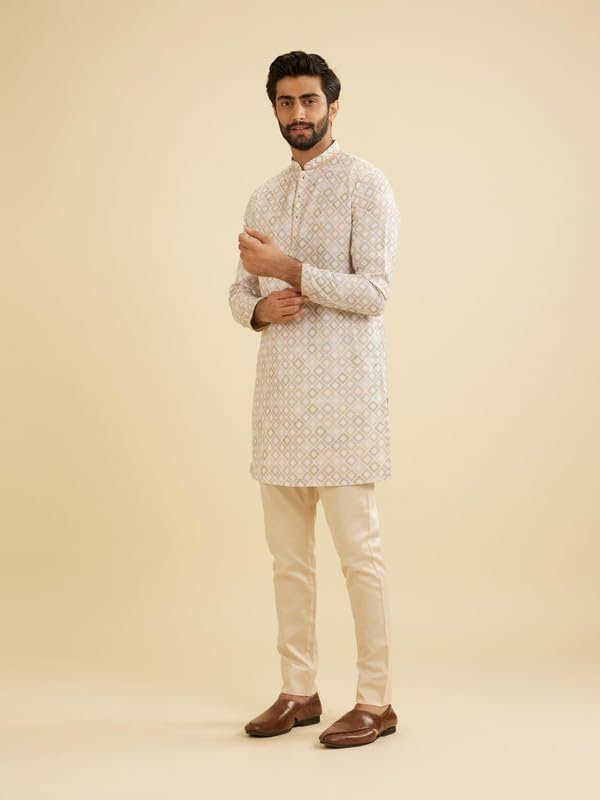 Manyavar Blended Cotton Men's Digital Print Kurta (Cream,XL)
