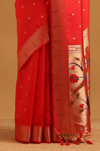 Soch Womens Red Tussar Woven Design Zari Woven Bird Motifs Saree